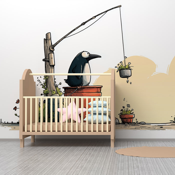 Papel pintado infantil | Pingüino y jardín florido