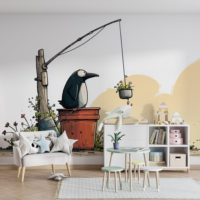 Papel pintado infantil | Pingüino y jardín florido