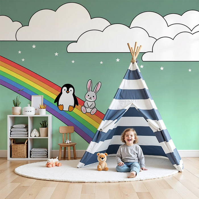 Kids' Room Wallpaper | Penguin and Rabbit on a Rainbow Under Clouds