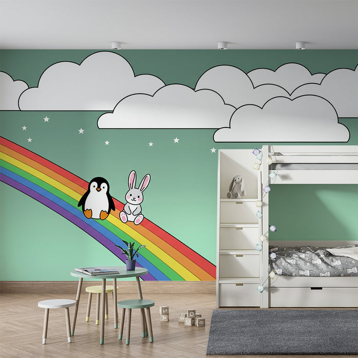 Kids' Room Wallpaper | Penguin and Rabbit on a Rainbow Under Clouds