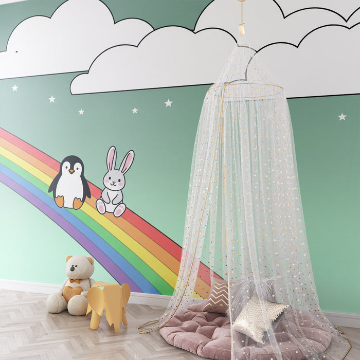 Kids' Room Wallpaper | Penguin and Rabbit on a Rainbow Under Clouds