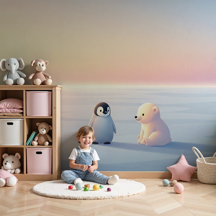 Kinderzimmer Tapete | Pinguin und Eisbär in einer vereisten Landschaft