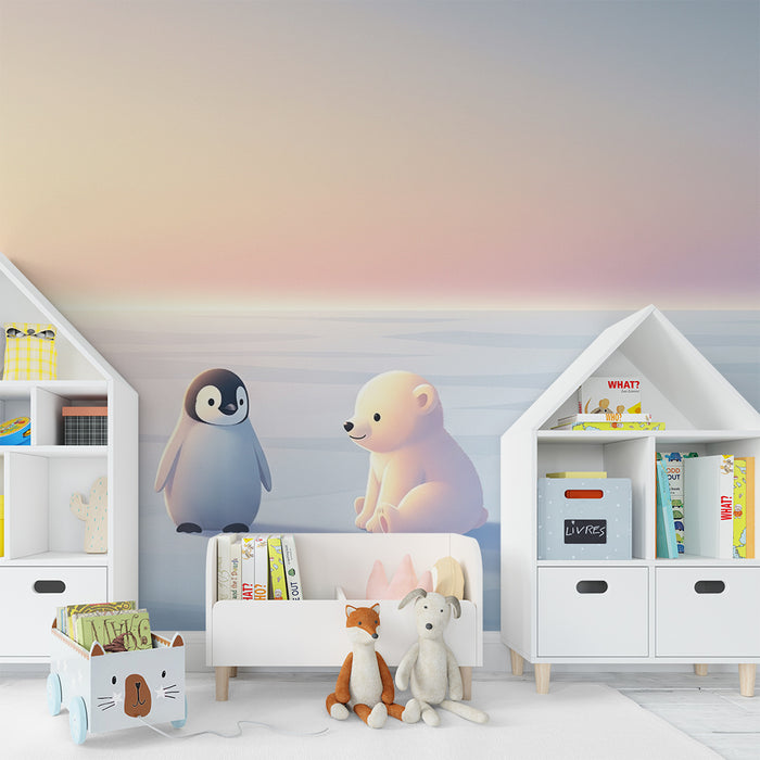 Kinderzimmer Tapete | Pinguin und Eisbär in einer vereisten Landschaft