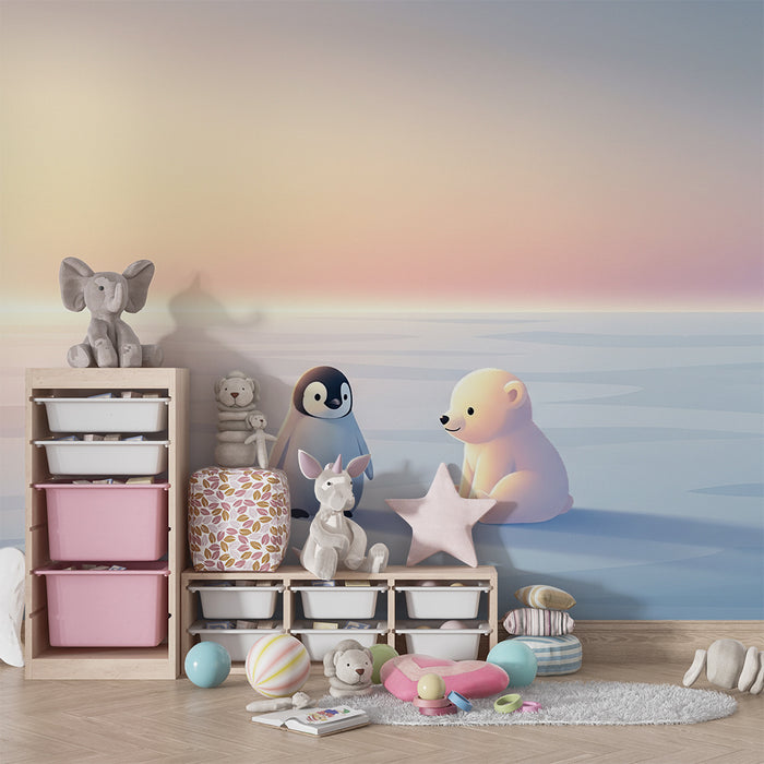 Kinderzimmer Tapete | Pinguin und Eisbär in einer vereisten Landschaft