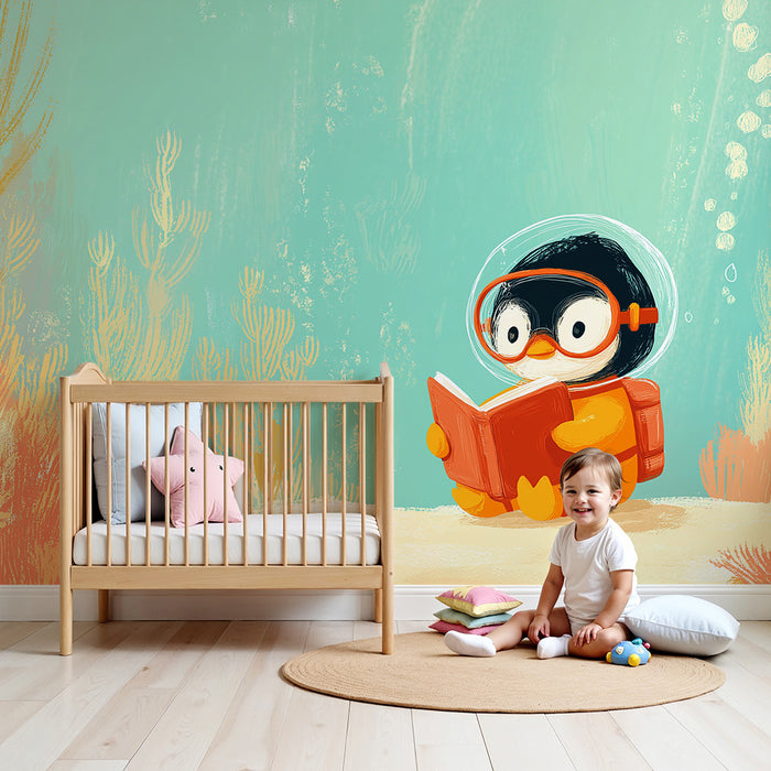 Tapet copii | Pinguin explorator submarin citind o carte