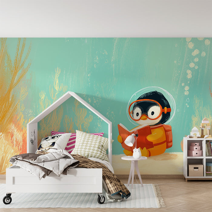 Tapet copii | Pinguin explorator submarin citind o carte