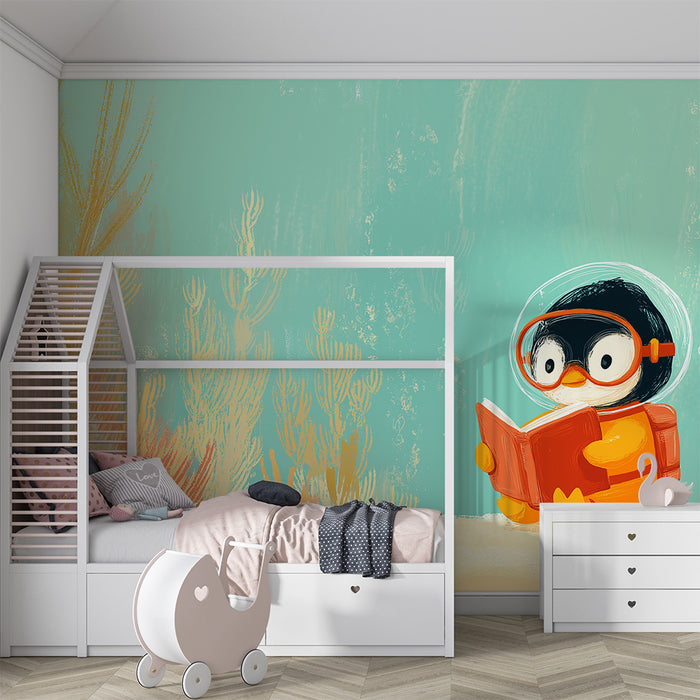 Tapet copii | Pinguin explorator submarin citind o carte