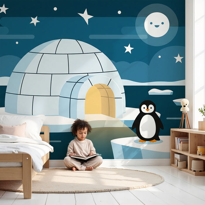 Kids' Room Wallpaper | Happy Penguin in Front of an Igloo Under a Starry Sky