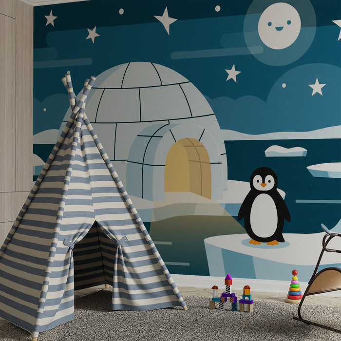 Kids' Room Wallpaper | Happy Penguin in Front of an Igloo Under a Starry Sky