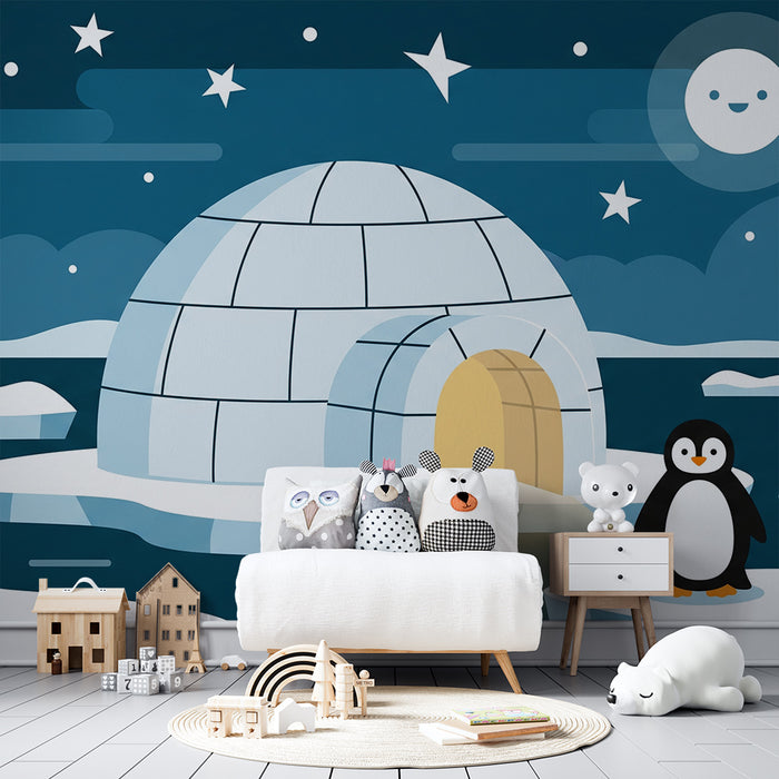 Kids' Room Wallpaper | Happy Penguin in Front of an Igloo Under a Starry Sky