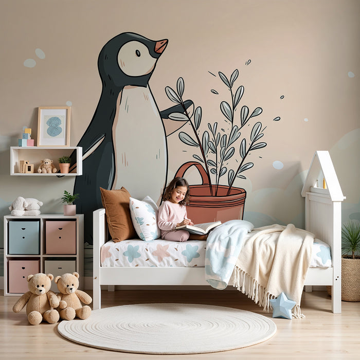 Kinderzimmer Tapete | Gärtnerpinguin mit einer Gießkanne und Pflanzen