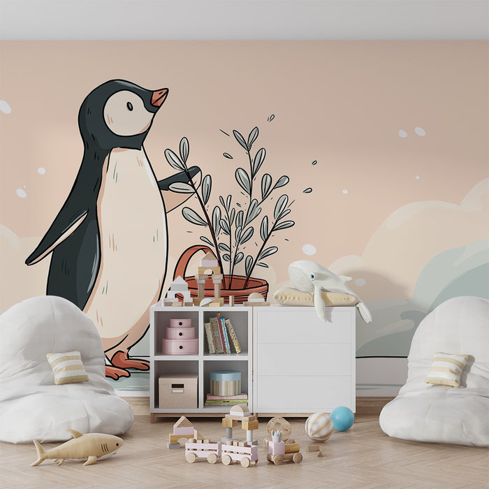 Kinderzimmer Tapete | Gärtnerpinguin mit einer Gießkanne und Pflanzen