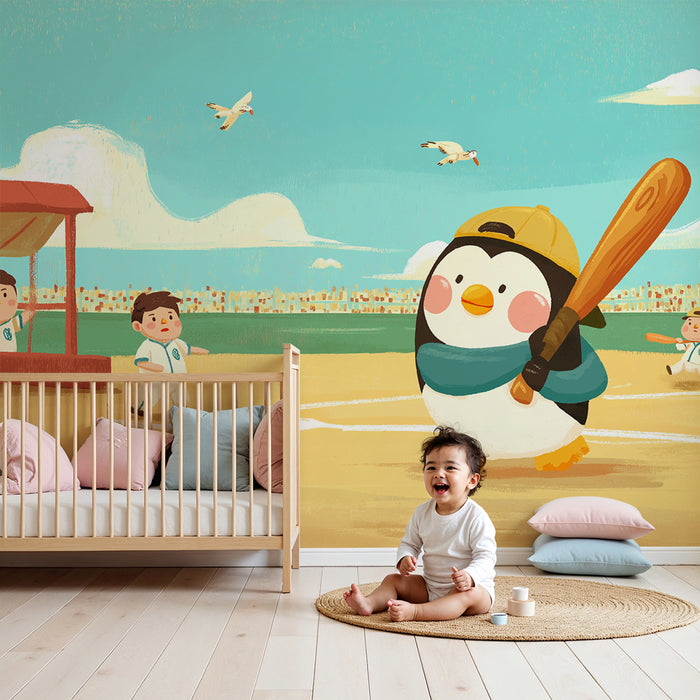 Papel de parede criança | Pingüim jogador de beisebol em um campo ensolarado
