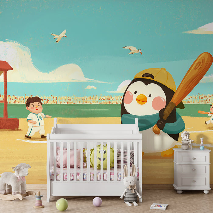 Papel de parede criança | Pingüim jogador de beisebol em um campo ensolarado