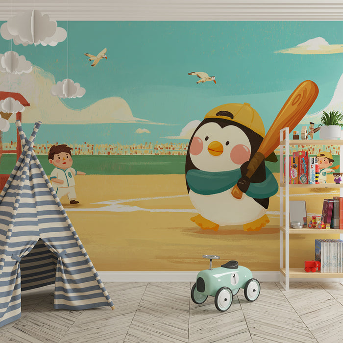 Papel de parede criança | Pingüim jogador de beisebol em um campo ensolarado