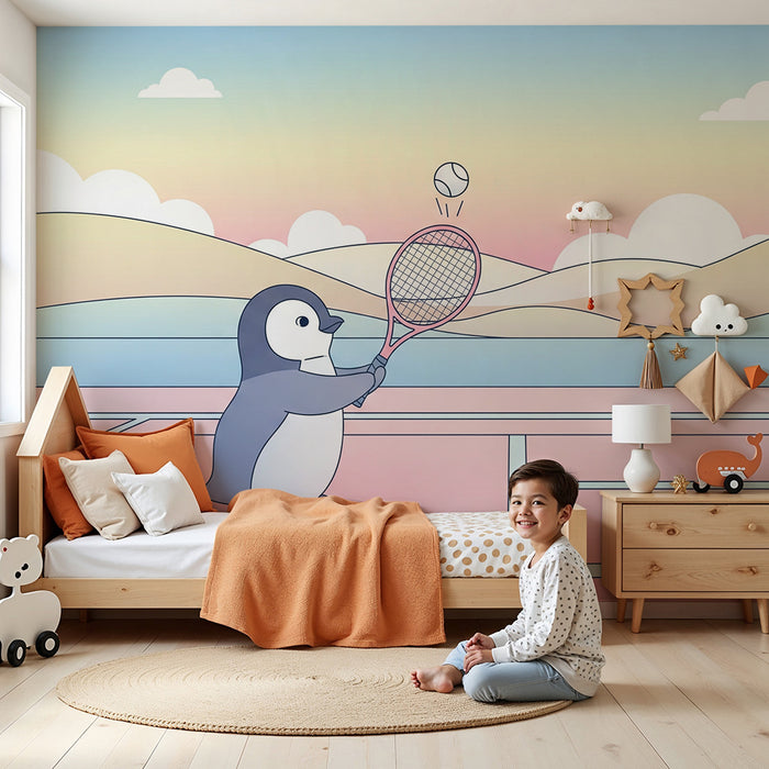 Dětská pokojová tapeta | Tenisový hráč tučňák na pastelovém pozadí