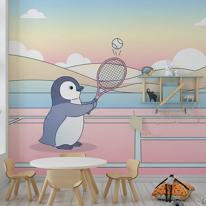 Dětská pokojová tapeta | Tenisový hráč tučňák na pastelovém pozadí