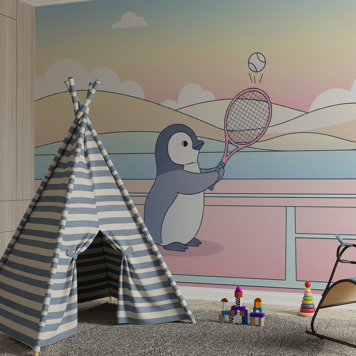Dětská pokojová tapeta | Tenisový hráč tučňák na pastelovém pozadí