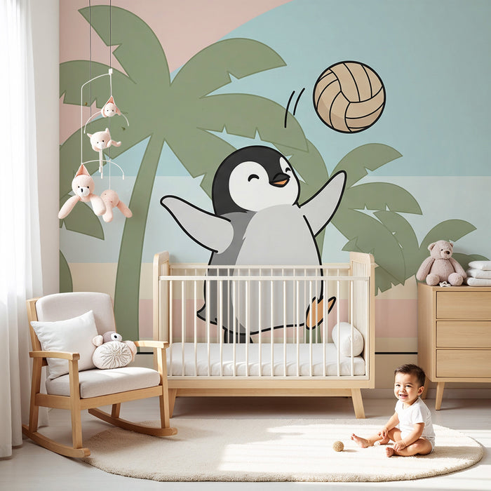 Kinderzimmer Tapete | Volleyball spielender Pinguin am Strand