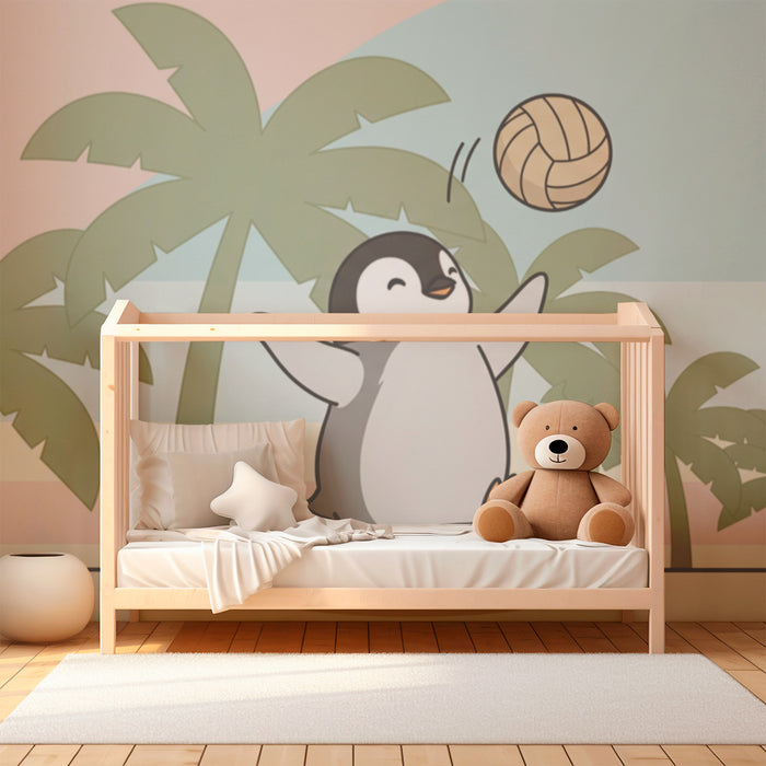 Kinderzimmer Tapete | Volleyball spielender Pinguin am Strand
