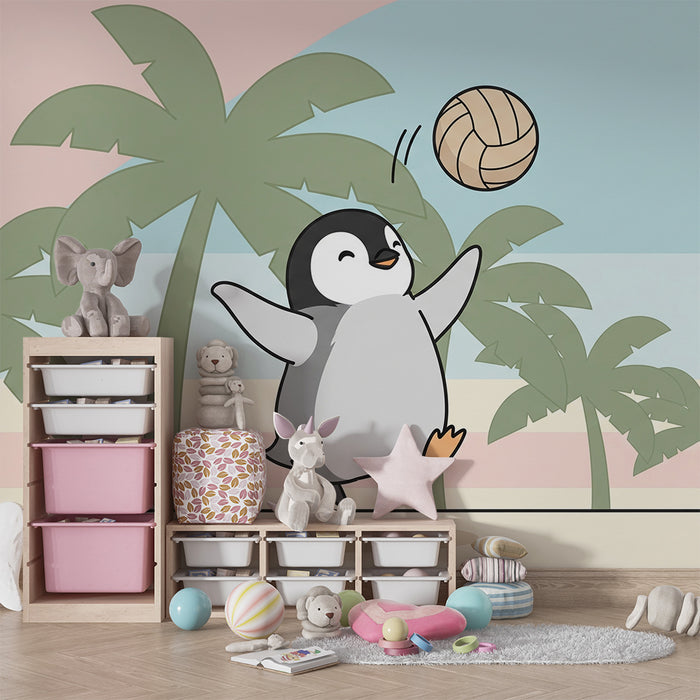 Kinderzimmer Tapete | Volleyball spielender Pinguin am Strand
