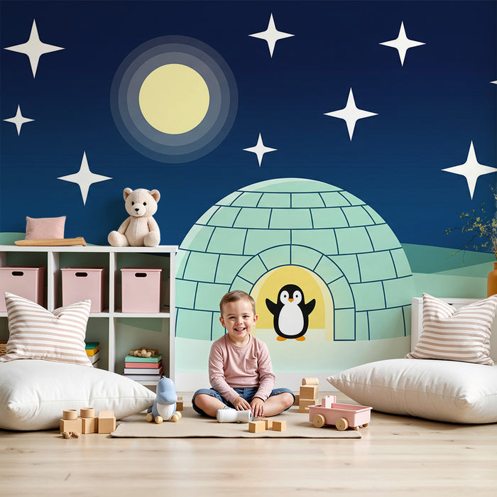 Papel pintado infantil | Pingüino feliz frente a un iglú bajo un cielo estrellado