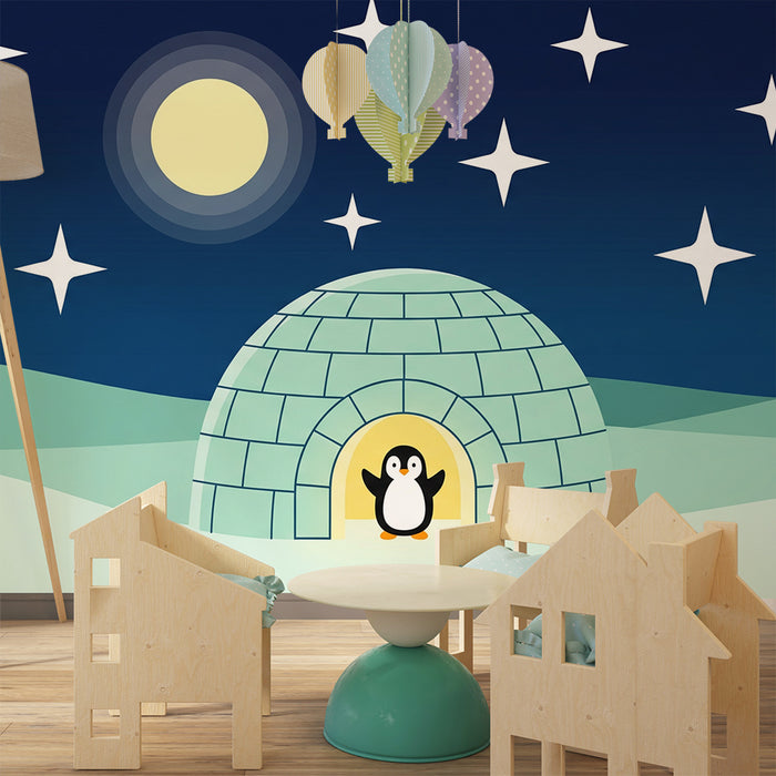 Papel pintado infantil | Pingüino feliz frente a un iglú bajo un cielo estrellado