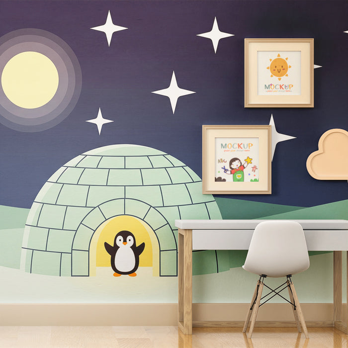 Papel pintado infantil | Pingüino feliz frente a un iglú bajo un cielo estrellado