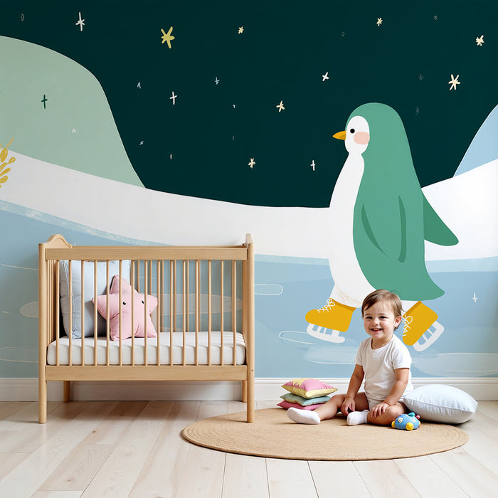 Papel de parede criança | Pinguim patinando sob as estrelas