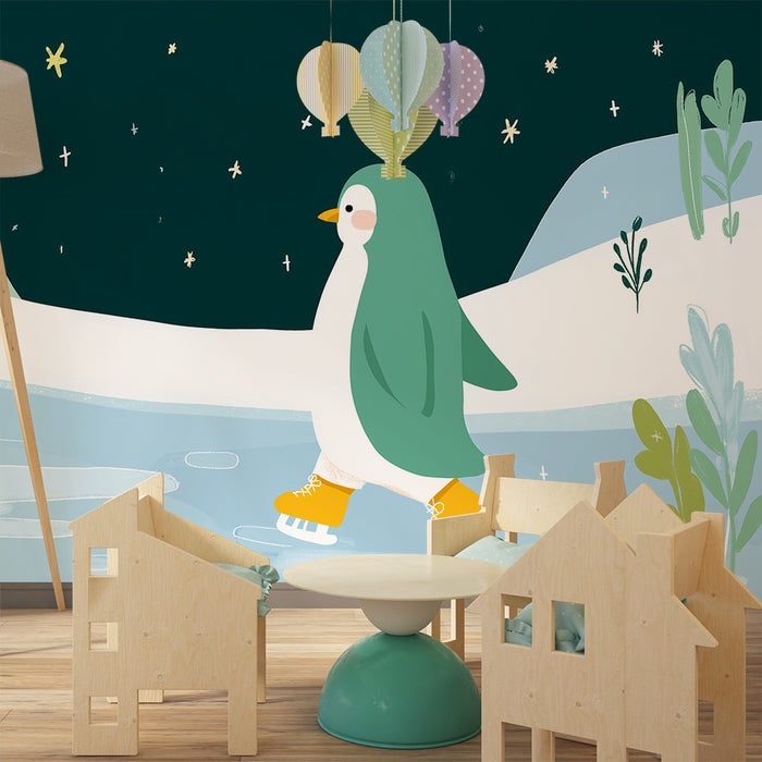 Papel de parede criança | Pinguim patinando sob as estrelas
