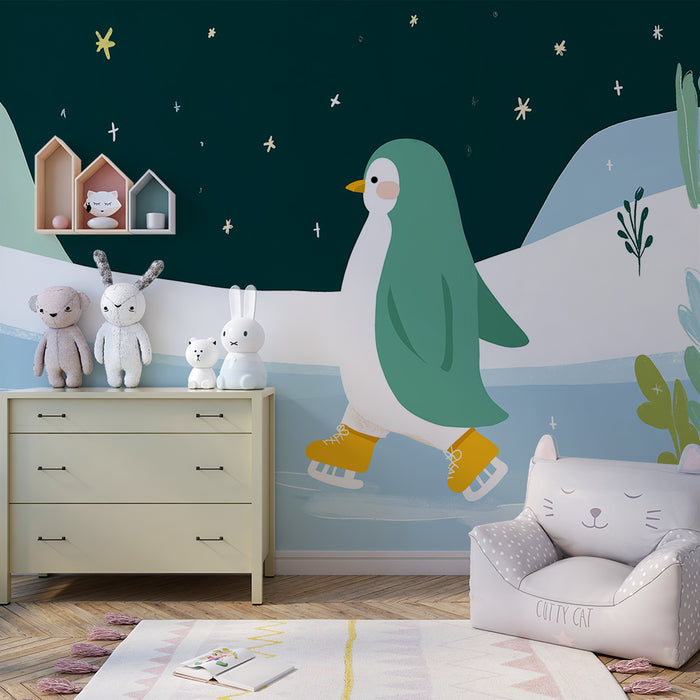 Papel de parede criança | Pinguim patinando sob as estrelas