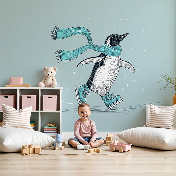 Kinderkamer behang | Schaatsende pinguïn met sjaal in winterse setting