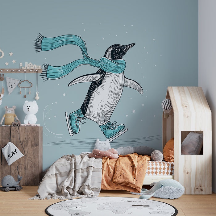 Kinderkamer behang | Schaatsende pinguïn met sjaal in winterse setting