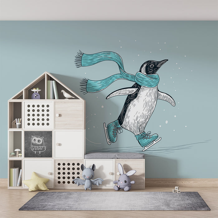 Kinderkamer behang | Schaatsende pinguïn met sjaal in winterse setting