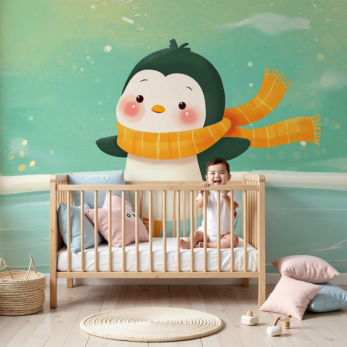 Papel de parede criança | Pingüim patinando no gelo com cachecol laranja