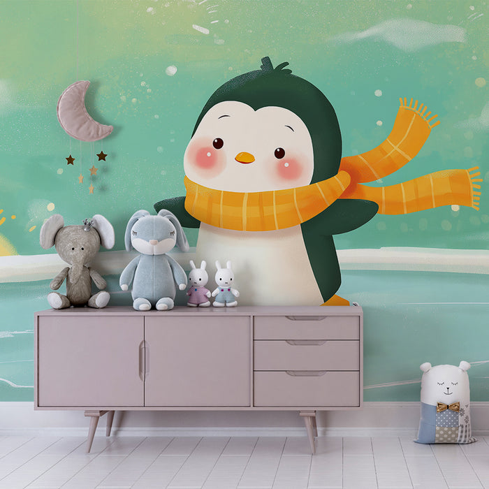 Papel de parede criança | Pingüim patinando no gelo com cachecol laranja