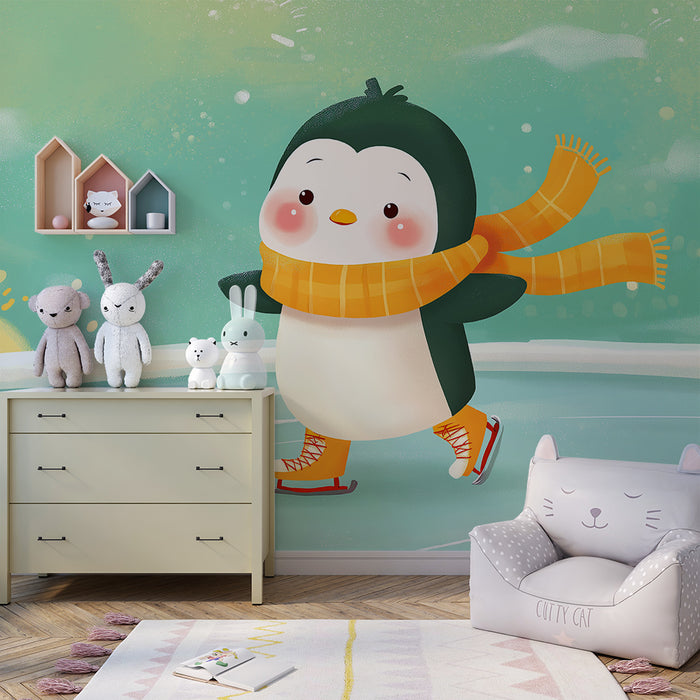 Papel de parede criança | Pingüim patinando no gelo com cachecol laranja