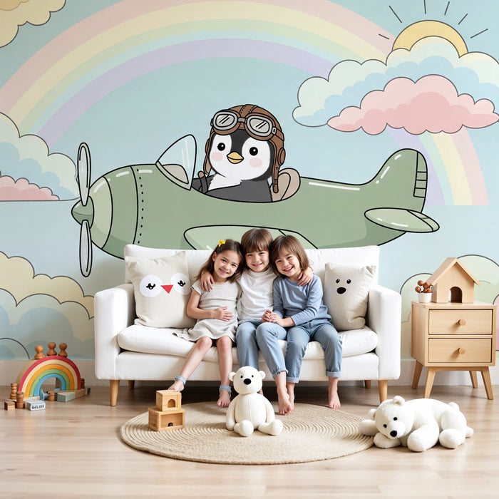 Papel pintado infantil | Pingüino piloto y cielo colorido
