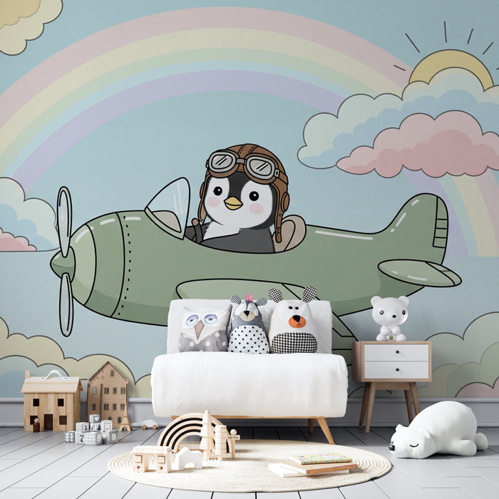 Papel pintado infantil | Pingüino piloto y cielo colorido