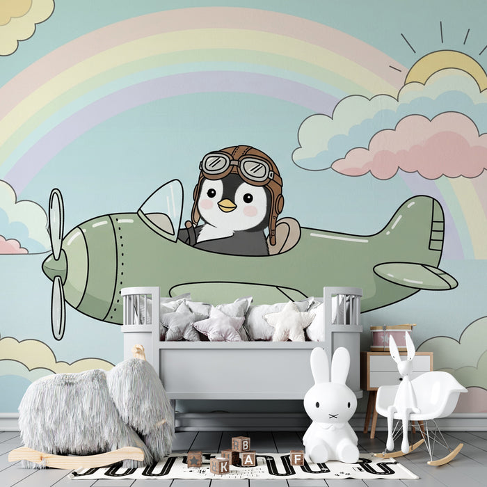 Papel pintado infantil | Pingüino piloto y cielo colorido