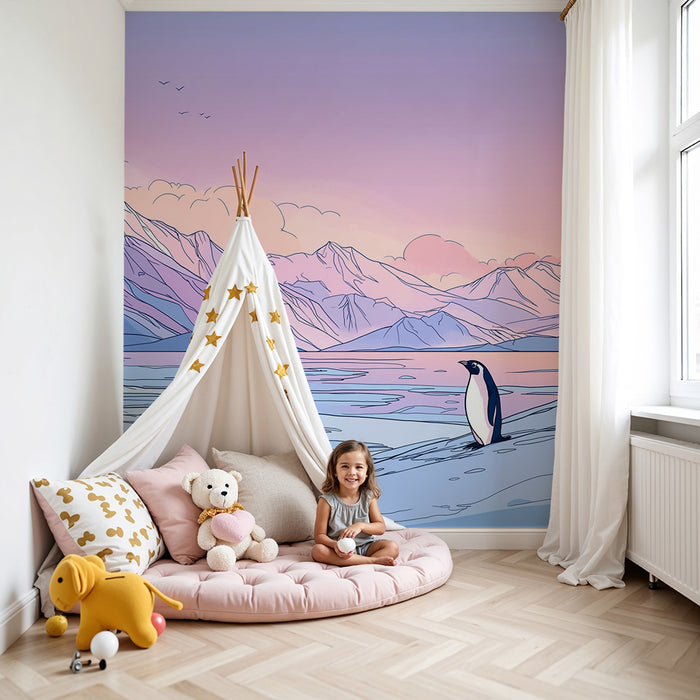 Kinderzimmer Tapete | Einsamer Pinguin in einer pastellfarbenen Berglandschaft
