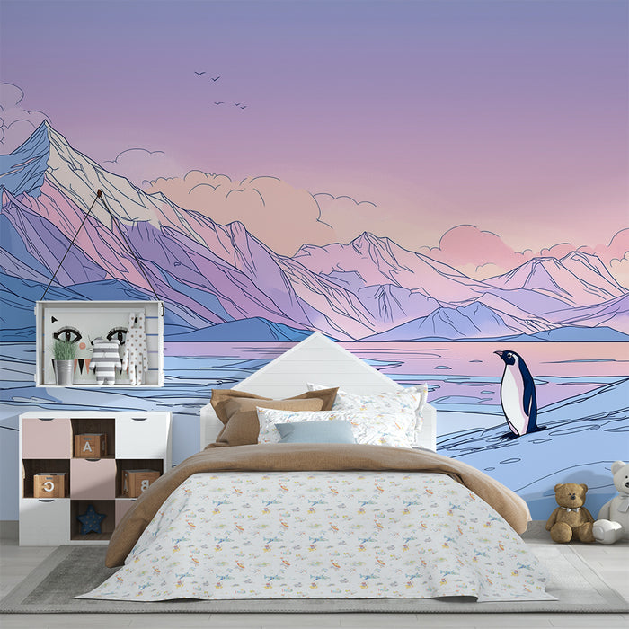 Kinderzimmer Tapete | Einsamer Pinguin in einer pastellfarbenen Berglandschaft