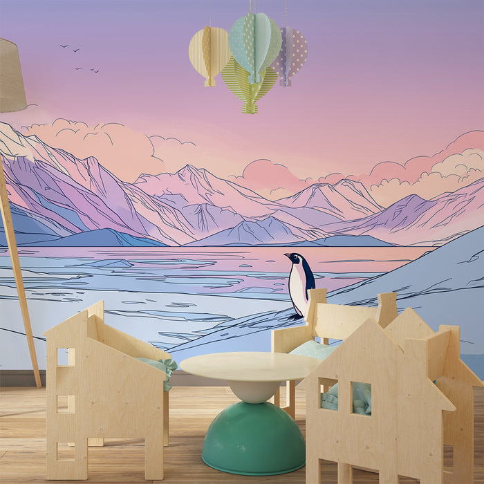 Kinderzimmer Tapete | Einsamer Pinguin in einer pastellfarbenen Berglandschaft