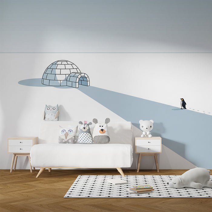 Kinderzimmer-Tapete | Einsamer Pinguin vor einem Iglu in verschneiter Landschaft