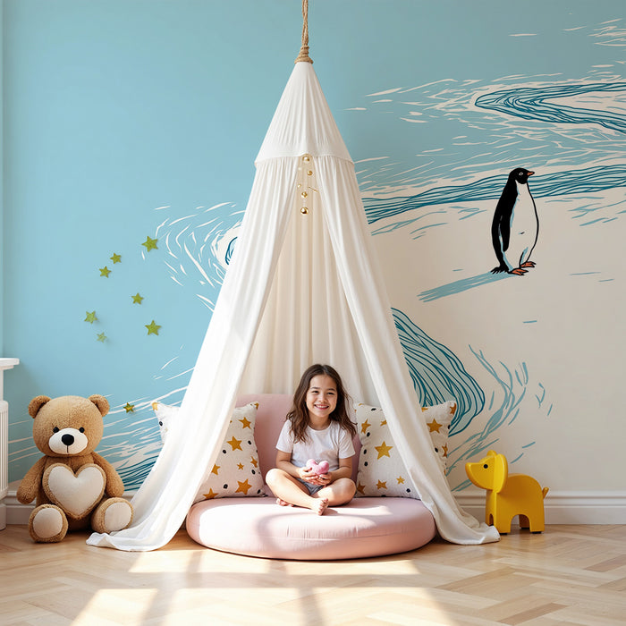 Kinderzimmer Tapete | Einsamer Pinguin auf einer vereisten Landschaft