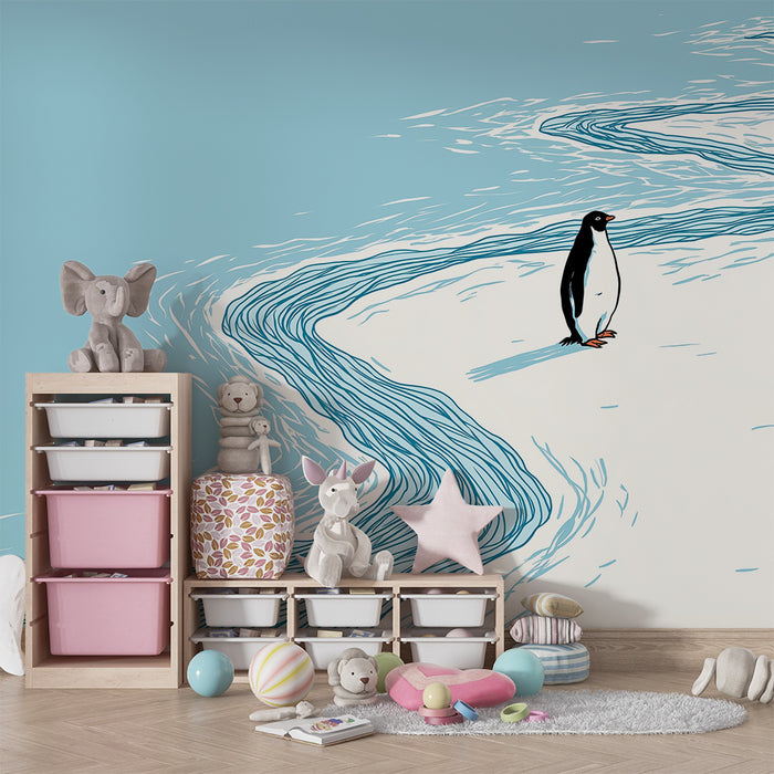Kinderzimmer Tapete | Einsamer Pinguin auf einer vereisten Landschaft