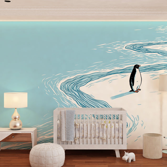 Kinderzimmer Tapete | Einsamer Pinguin auf einer vereisten Landschaft