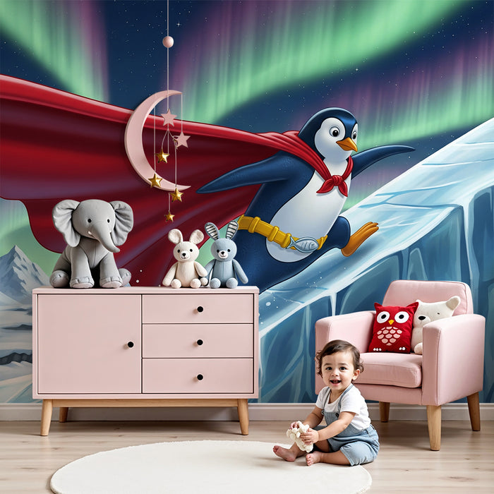 Papel de parede criança | Pingüim super-herói em um glaciar sob as luzes do norte