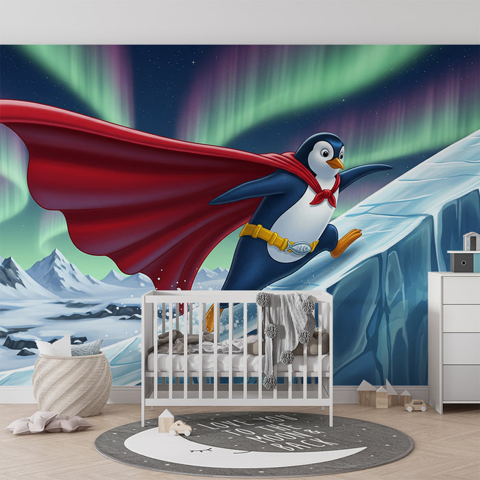 Papel de parede criança | Pingüim super-herói em um glaciar sob as luzes do norte