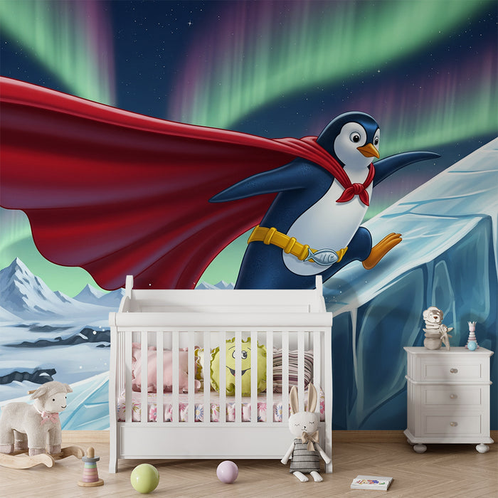 Papel de parede criança | Pingüim super-herói em um glaciar sob as luzes do norte